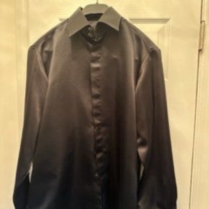 Men's Black Satin Dress French Cuff Shirt Size Medium